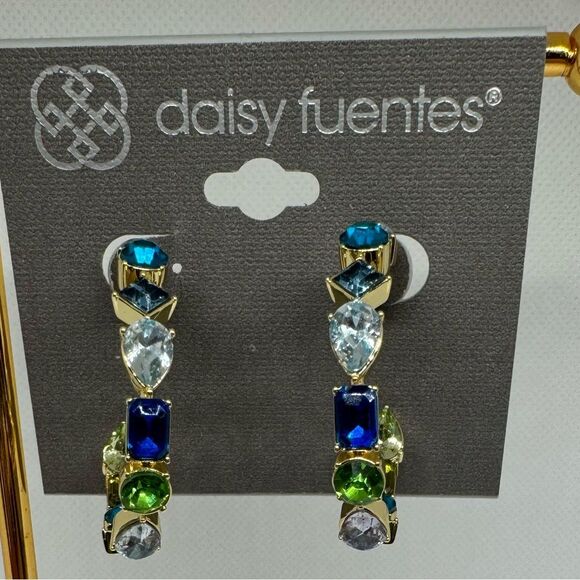 Daisy Fuentes Gold Tone Open Hoop Inside Outside Crystal Earrings 1.5 inch - Picture 3 of 8